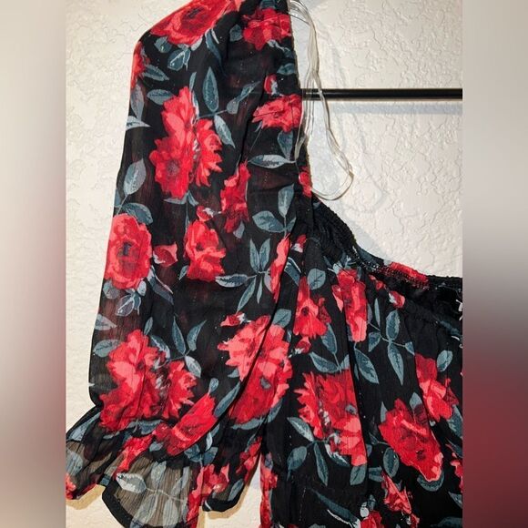 TRIXXI FLORAL RED and BLACK PUFF SLEEVE DRESS- Size MED-NWT - Picture 4 of 14